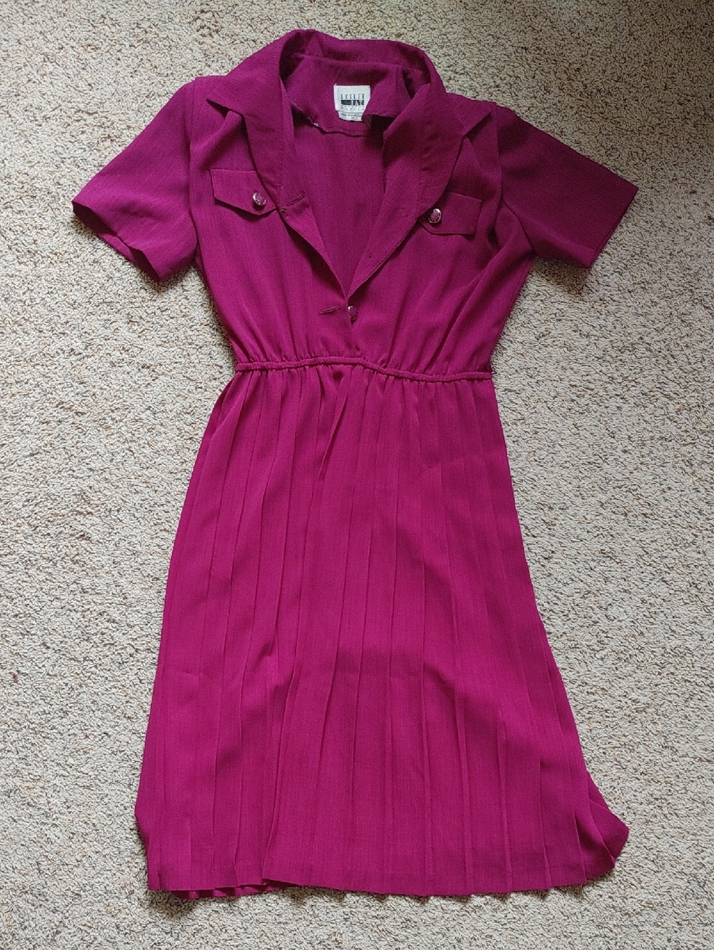 Leslie Fay Raspberry Magenta Pleated Midi Shirtwaist Dress